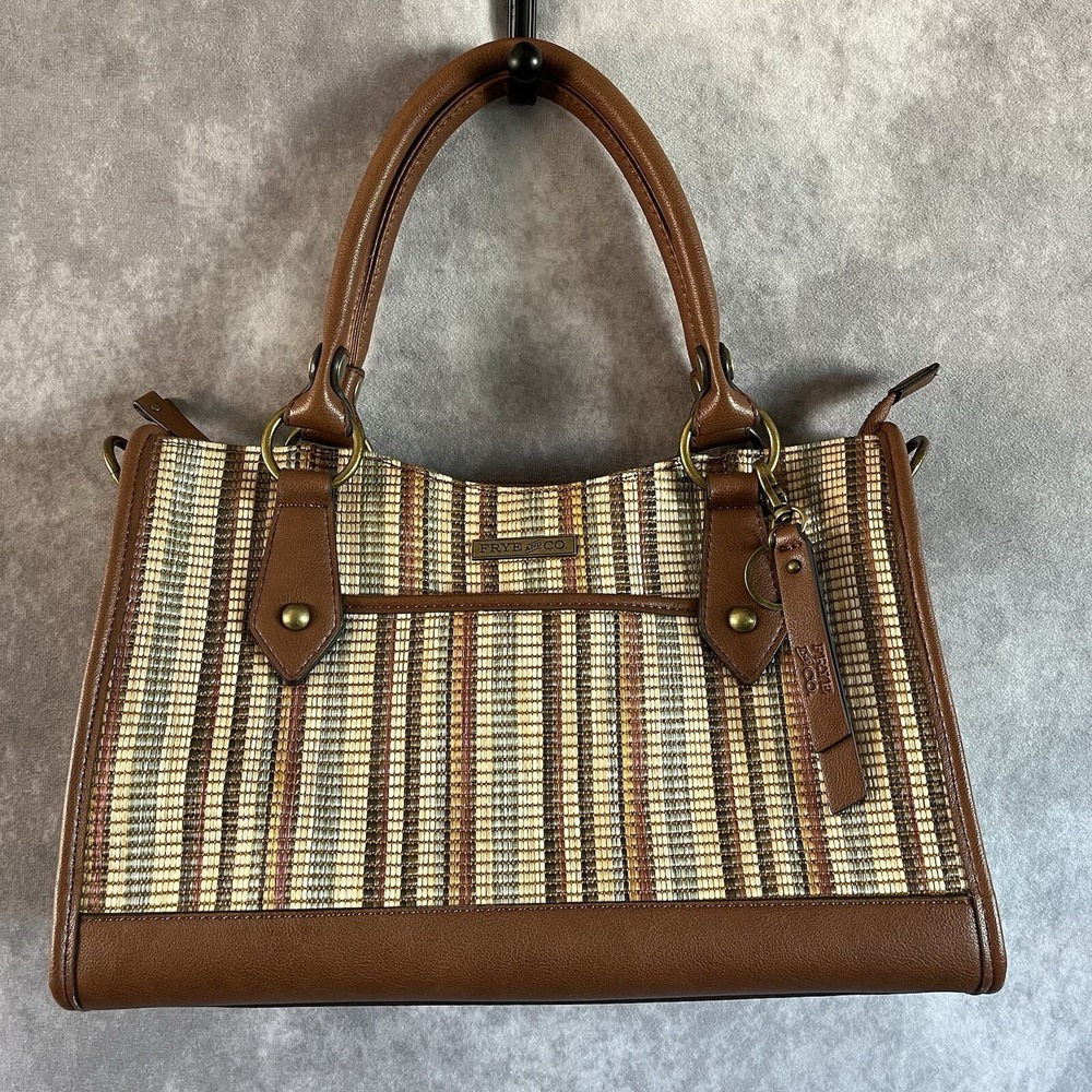 Frye and Co Satchel Bag Womens Medium Brown Woven Striped Faux Leather Trim